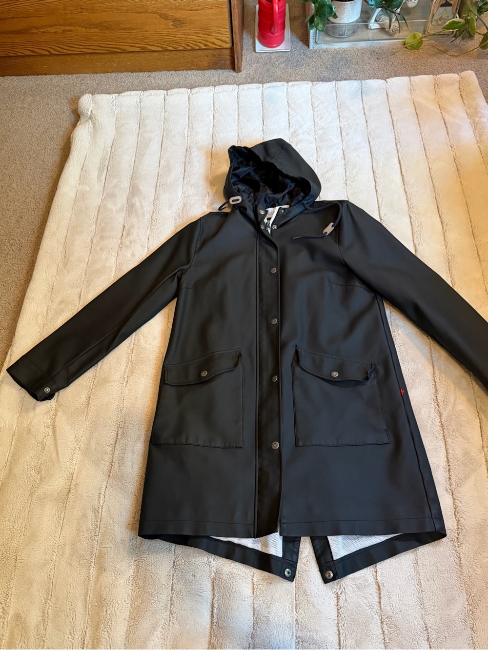 Levi's Black Hooded Rain Coat, Size Medium